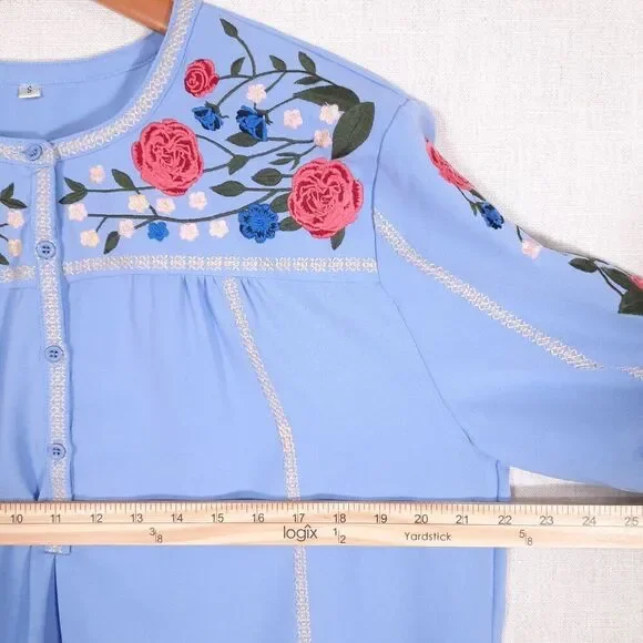 Women's Floral Embroidered Tunic Top Size Small Pleated CottageCore Blue - Picture 16 of 16